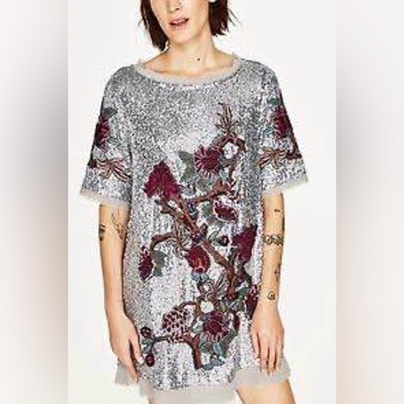 🩶Zara Silver Sequin L Floral Embroidered dress ASO Alexis Rose Schitts Creek - Picture 6 of 16